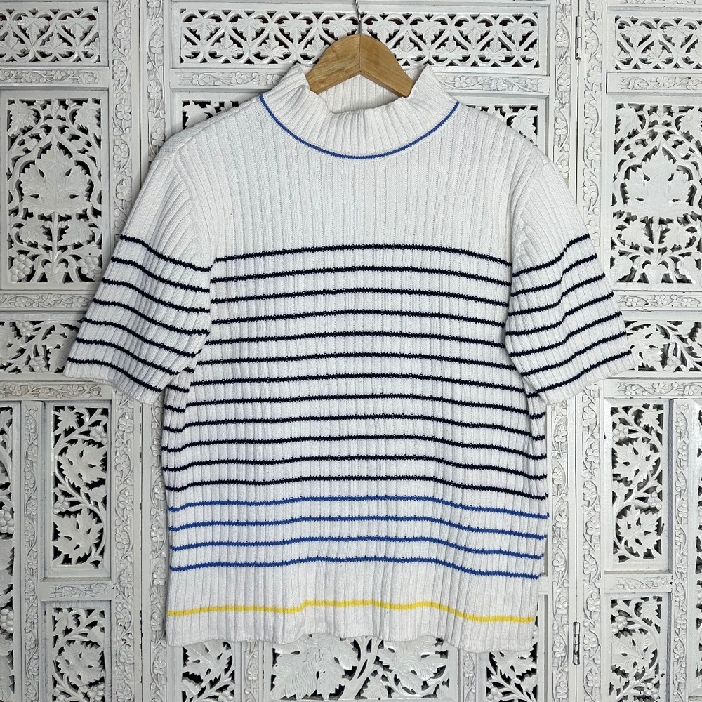 Liz Claiborne Cream Chunky Knit Ribbed Striped Short Sleeve Sweater Sz Large‎